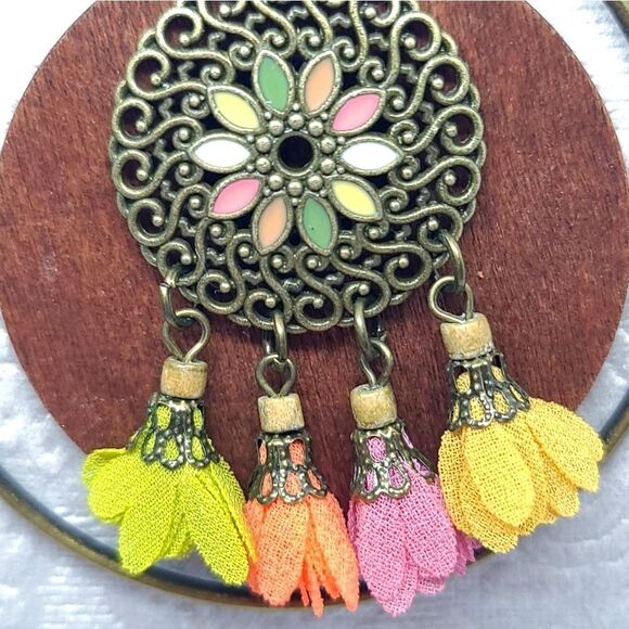 Boho 3pc Matching Set Medallion Flower Petals Necklace + Earrings Tribal Jewelry - Picture 4 of 8